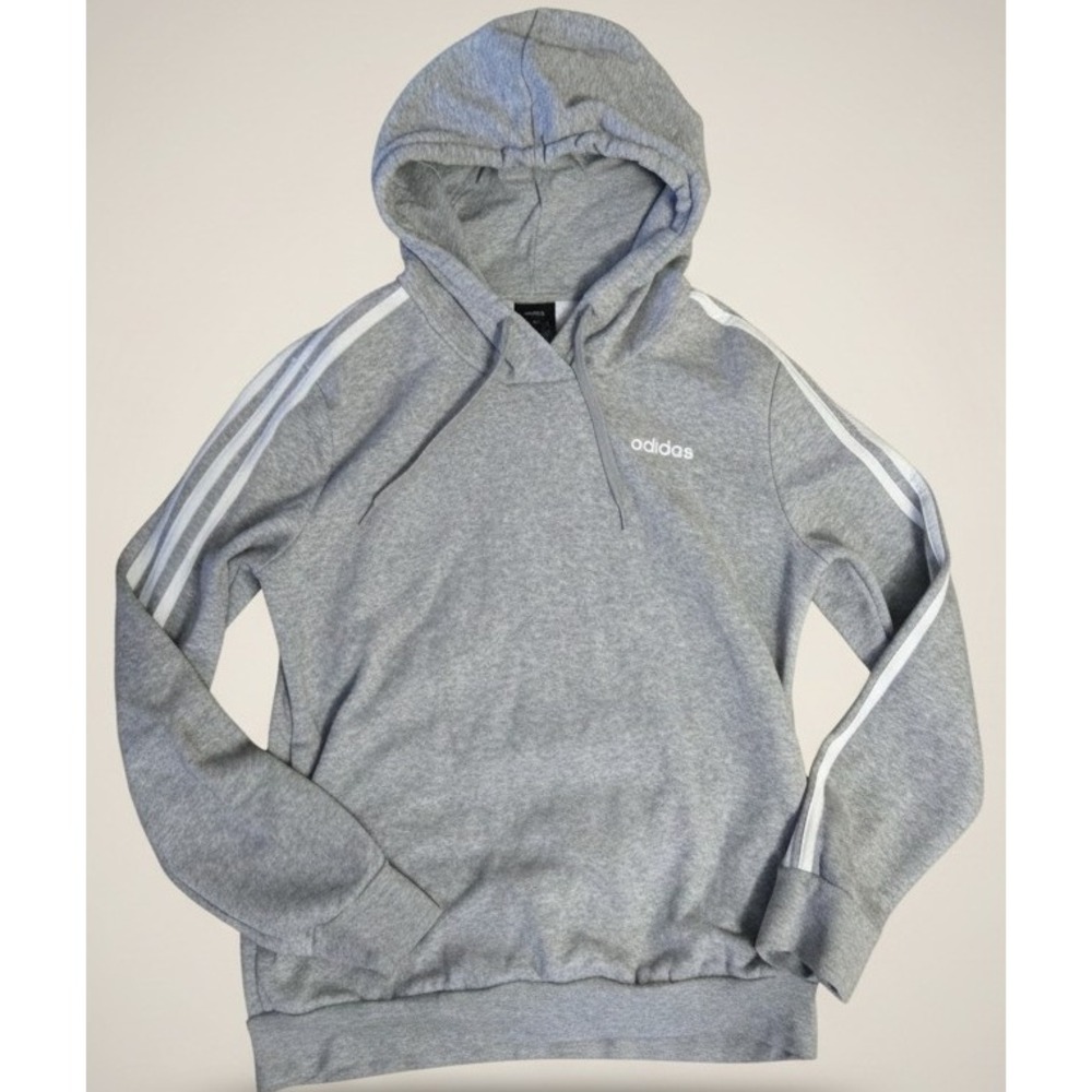 Adidas Womens Medium Gray Hoodie Sweatshirt White 3 Stripe Logo Pullover‎